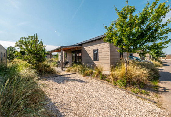 Moderne houten lodge met grindpad, terras en groene beplanting onder een stralende blauwe lucht.