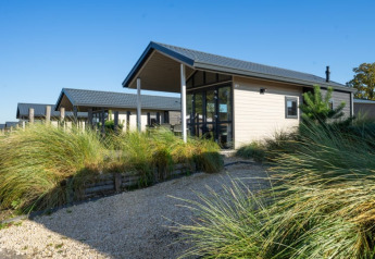 A photo of a modern lodge with large windows, gravel path, and tall grass landscaping on a sunny day.