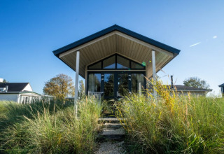 Photo of a modern lodge with large windows, surrounded by tall grasses and a clear blue sky above.