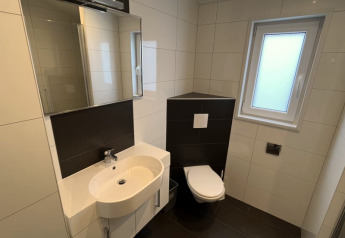 Modern lodge bathroom with wall-mounted toilet, white sink, large mirror, and frosted window for privacy.