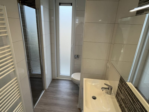 Un moderno baño de lodge con ducha, lavabo, inodoro y ventanas altas opacas para mayor privacidad.