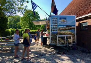 Folk står i kø ved en madvogn med græsk flag på Camping Pasveer i Friesland, Holland, på en solrig dag.