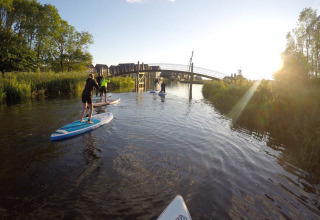 Folk står på paddleboards på en rolig kanal ved Camping Pasveer i Friesland, Holland, med solnedgang.