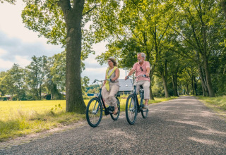 Deux personnes font du vélo sur un chemin ombragé dans un parc de vacances proposant des hébergements glamping.