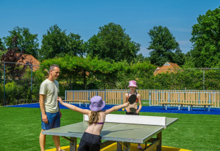 Deux enfants et un adulte jouent au ping-pong en extérieur sur l’herbe dans un parc de vacances glamping.
