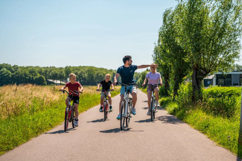 Gezin fietst samen op een zonnige dag langs bomen en grasvelden bij een vakantiepark met glamping.
