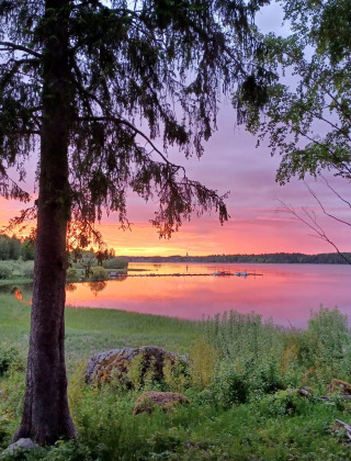 Solnedgang over søen ved Camping Falkudden i Dalarna, Sverige, med træer i forgrunden og farverige skyer.