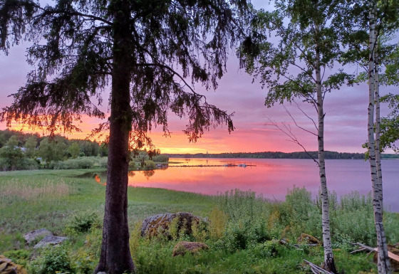 Sunset view at Camping Falkudden, Dalarna, Sweden with a calm lake, grassy shore, and silhouetted trees.