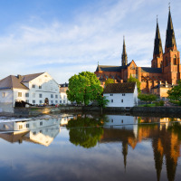 Traditional houses and cathedral in Uppsala, Sweden
