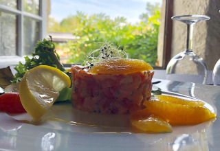 En gourmetret serveret på en hvid tallerken med citron og appelsin, med udsigt fra Le Camp de Florence.