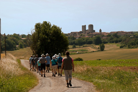 Een groep wandelaars volgt een landweg naar La Romieu, omgeven door velden en historische gebouwen in de verte.