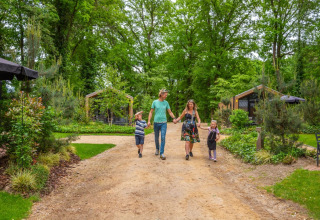 Gezin wandelt samen op een bospad bij een glamping vakantiepark met lodges en veel groene natuur.