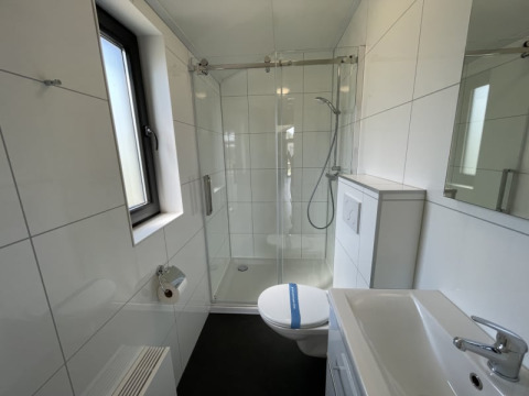 Kleine, moderne badkamer in een tiny house met douche, toilet, lavabo en een raam met veel licht.