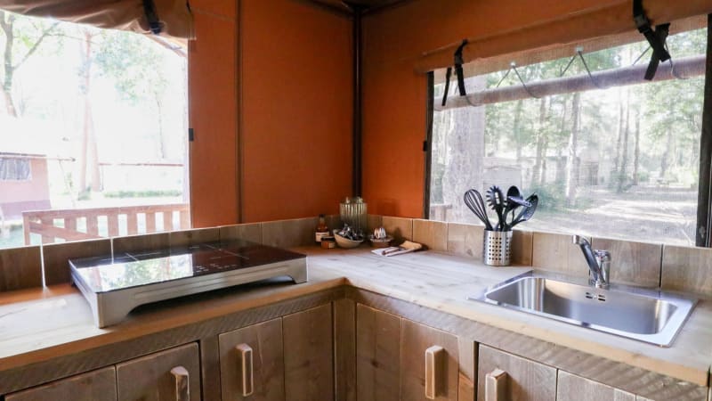 Rincón de cocina moderno en una cabaña con placa de inducción, fregadero y vistas al bosque por las ventanas.