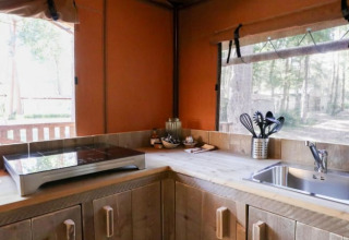 Rincón de cocina moderno en una cabaña con placa de inducción, fregadero y vistas al bosque por las ventanas.