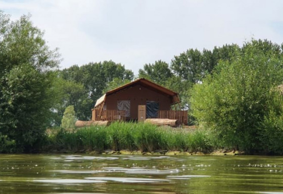 Vista de una cabaña junto al borde del agua, rodeada de árboles y arbustos verdes en un día soleado.
