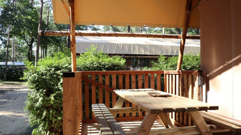 Terraza de madera con mesa de picnic en una cabaña, rodeada de arbustos verdes y árboles a la sombra.