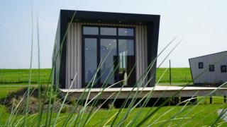 Tiny house moderne avec grandes baies vitrées et toit incliné, vue à travers de hautes herbes sur une pelouse.