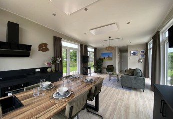 Modern tiny house living room and kitchen with dining table, green sofas, large windows, and bright light.