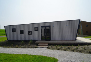 Photo d'une tiny house moderne au toit incliné et aux fenêtres carrées, située dans un espace verdoyant.