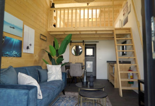 Intérieur de lodge moderne avec murs en bois, mezzanine, canapé bleu, plante verte et kitchenette.