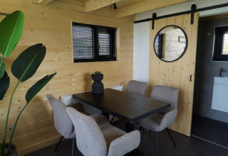 Comedor moderno de lodge con paredes de madera clara, ventanas negras, silla beige, mesa y planta verde.