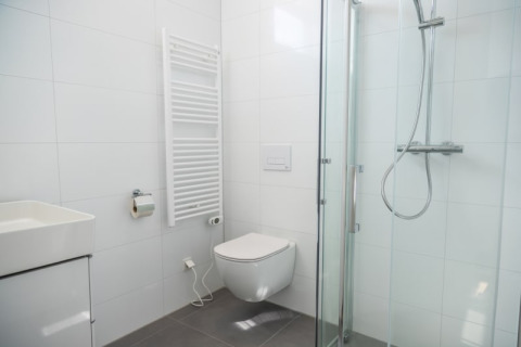 Baño moderno en un lodge con inodoro suspendido, ducha de cristal y radiador toallero blanco.
