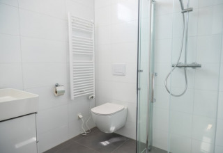 Baño moderno en un lodge con inodoro suspendido, ducha de cristal y radiador toallero blanco.