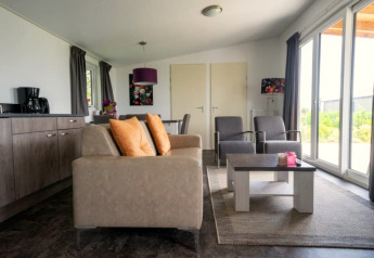 Salon moderne dans un lodge avec canapé, fauteuils, table basse et grandes fenêtres donnant sur la verdure.