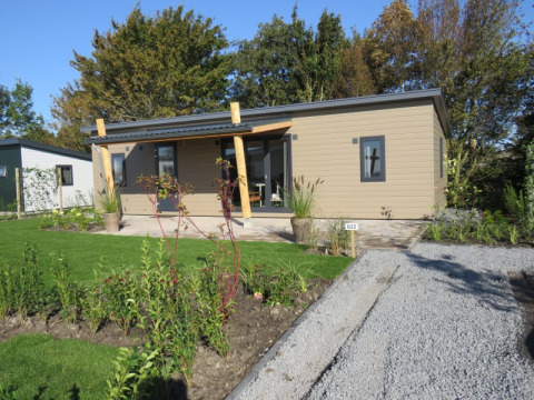 Lodge moderno con rivestimento in legno e veranda coperta, circondato da giardino e piante verdi.