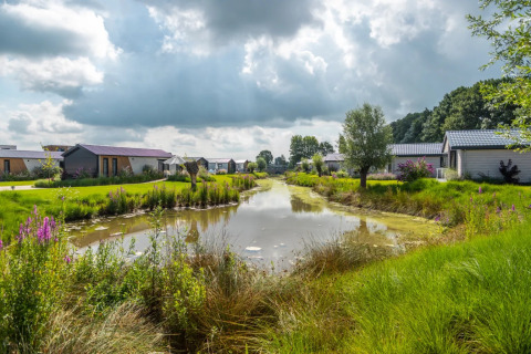 Een idyllisch vakantiepark met moderne glamping accommodaties, omgeven door vijvers en groen landschap.