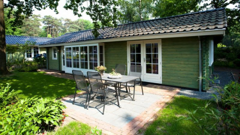 Foto einer Lodge mit grünen Holzwänden, großen Fenstern und Terrasse mit Gartenmöbeln im Grünen.