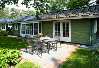 Foto van een lodge met groene muren, grote ramen en een terras met tuinset, omringd door natuurgroen.