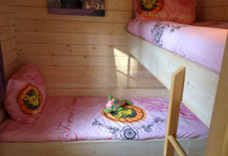 Acogedora habitación de una cabaña con literas de madera clara y ropa de cama rosa con estampados.