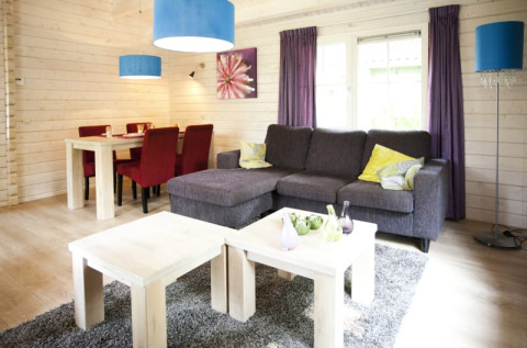 Lodge woonkamer met grijze zetel, paarse gordijnen, rode stoelen en blauwe lampen, lichte houtwanden.