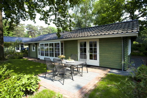 Knusse groene lodge met witte deuren, buitenterras met eettafel en stoelen in een groene tuinomgeving.