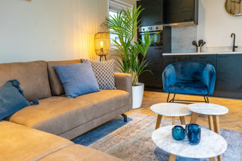 Woonruimte in Pavilion-lodge met bruine zetel, blauwe stoel, moderne keuken en groene planten.