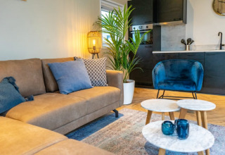 Stue i Pavilion-lodge med brun sofa, blå stol og moderne køkken, stilfuldt indrettet med planter.