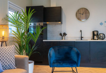 Cocina moderna y sala de estar en la lodge Pavilion, con armarios oscuros, silla azul y planta verde.