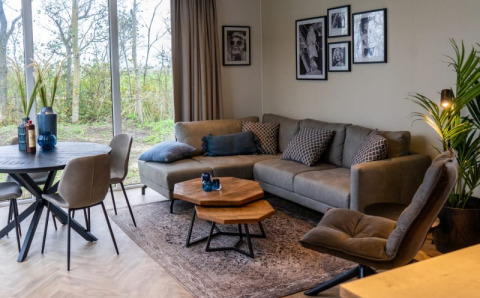 Moderne lounge in Pavilion lodge met hoekzetel, eettafel, muurdecoratie en grote ramen met uitzicht.