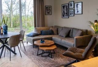 Moderne opholdsstue i Pavilion lodge med stor sofa, vægkunst, spisebord og store vinduer mod naturen.