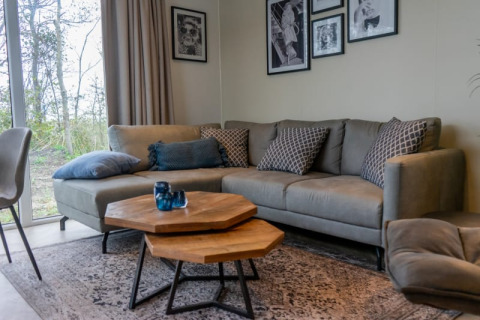 Knusse zithoek in de Pavilion lodge met grijze zetel, kussens, houten tafels en kunst aan de muur.