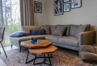 Knusse zithoek in de Pavilion lodge met grijze zetel, kussens, houten tafels en kunst aan de muur.