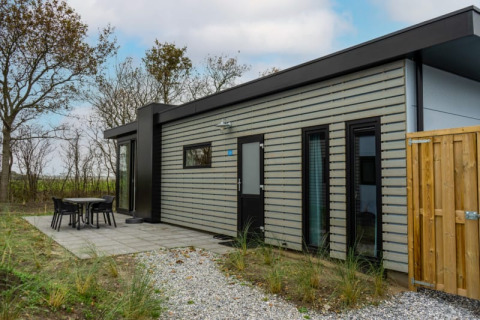 Moderne lodge Pavilion met grijs gestreepte gevel, terras en tuin, omgeven door bomen en natuur.