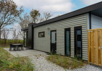 Lodge moderno chiamato Pavilion con esterno grigio a righe, patio e vista su alberi naturali.