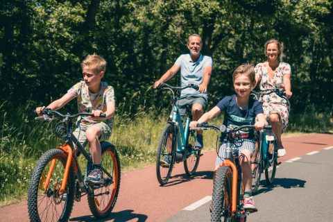 En familie cykler sammen på en solrig dag, omgivet af træer, ved et feriepark med glamping faciliteter.