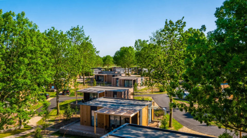 Cabañas modernas para glamping en un parque de vacaciones rodeado de árboles verdes y cielos despejados.