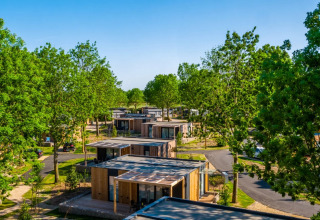 Cabanes de glamping modernes dans un parc de vacances entouré d’arbres et de verdure sous un ciel bleu.