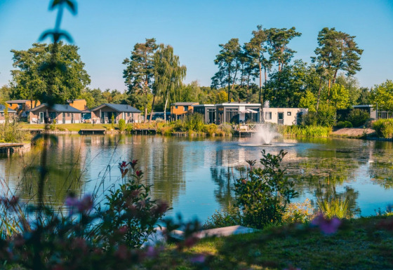 Et billede af en feriepark med moderne glamping-hytter ved en sø, omgivet af træer og blomster.