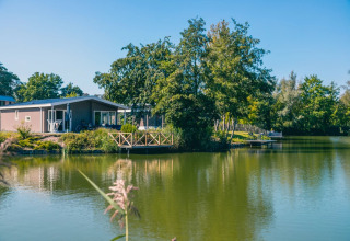 Vakantiepark met glampingverblijven aan het water, omgeven door bomen en natuur onder blauwe hemel.